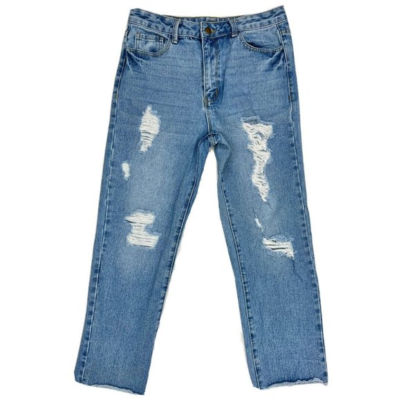 Fashion Nova High Rise Boyfriend Jeans Distressed Frayed Hem Light Wash Size 9 - Picture 1 of 11